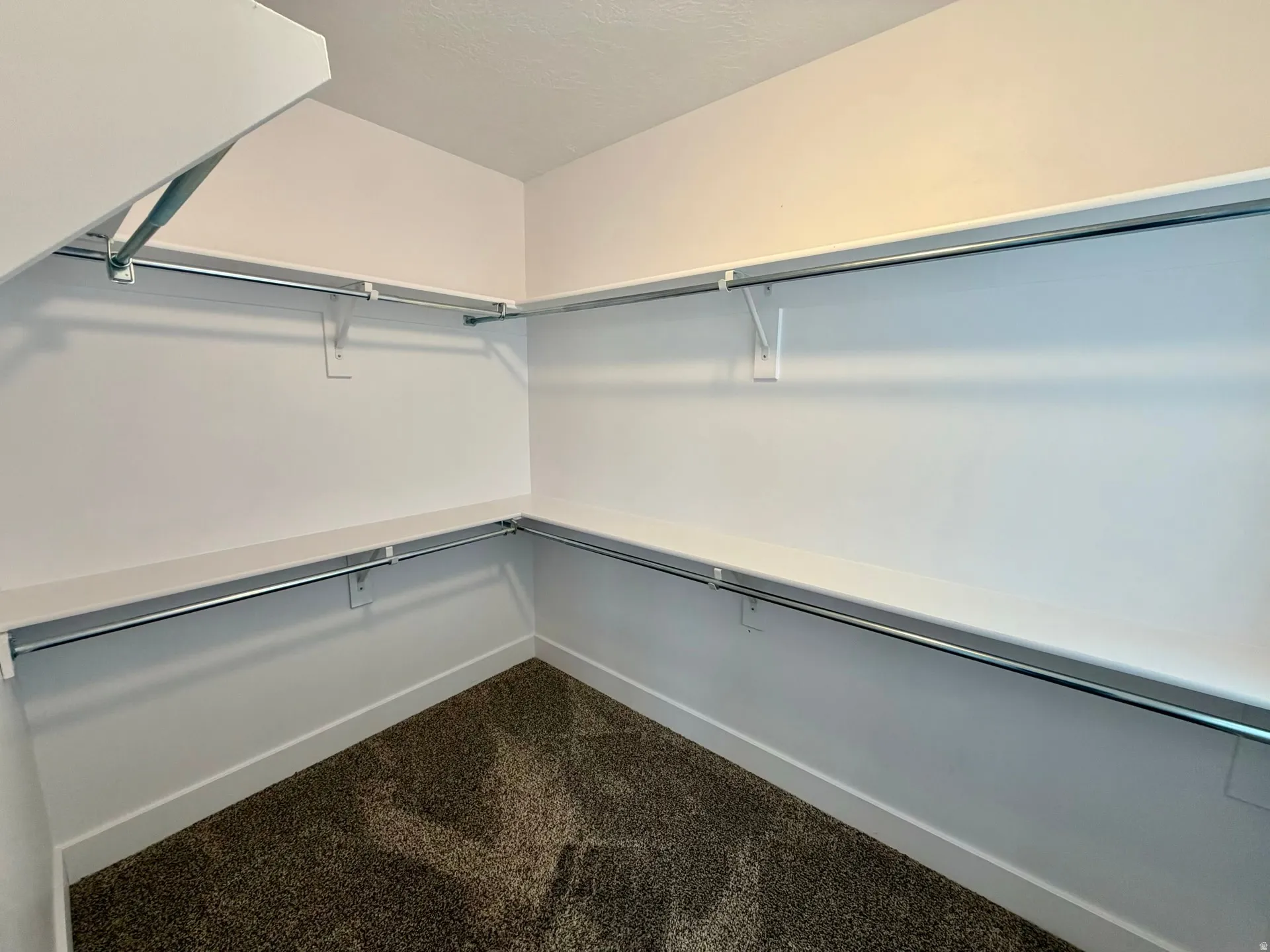 Walk-in closet featuring white walls, deep pile carpeting, and built-in shelving with chrome hanging rods