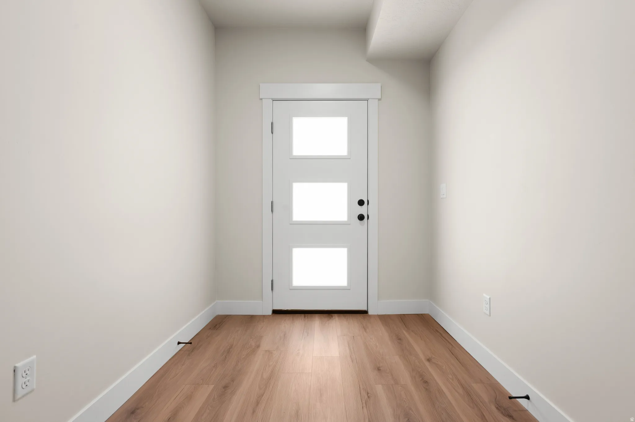 Entryway featuring a white door with three glass panels, wood-finish flooring, and crisp white trim