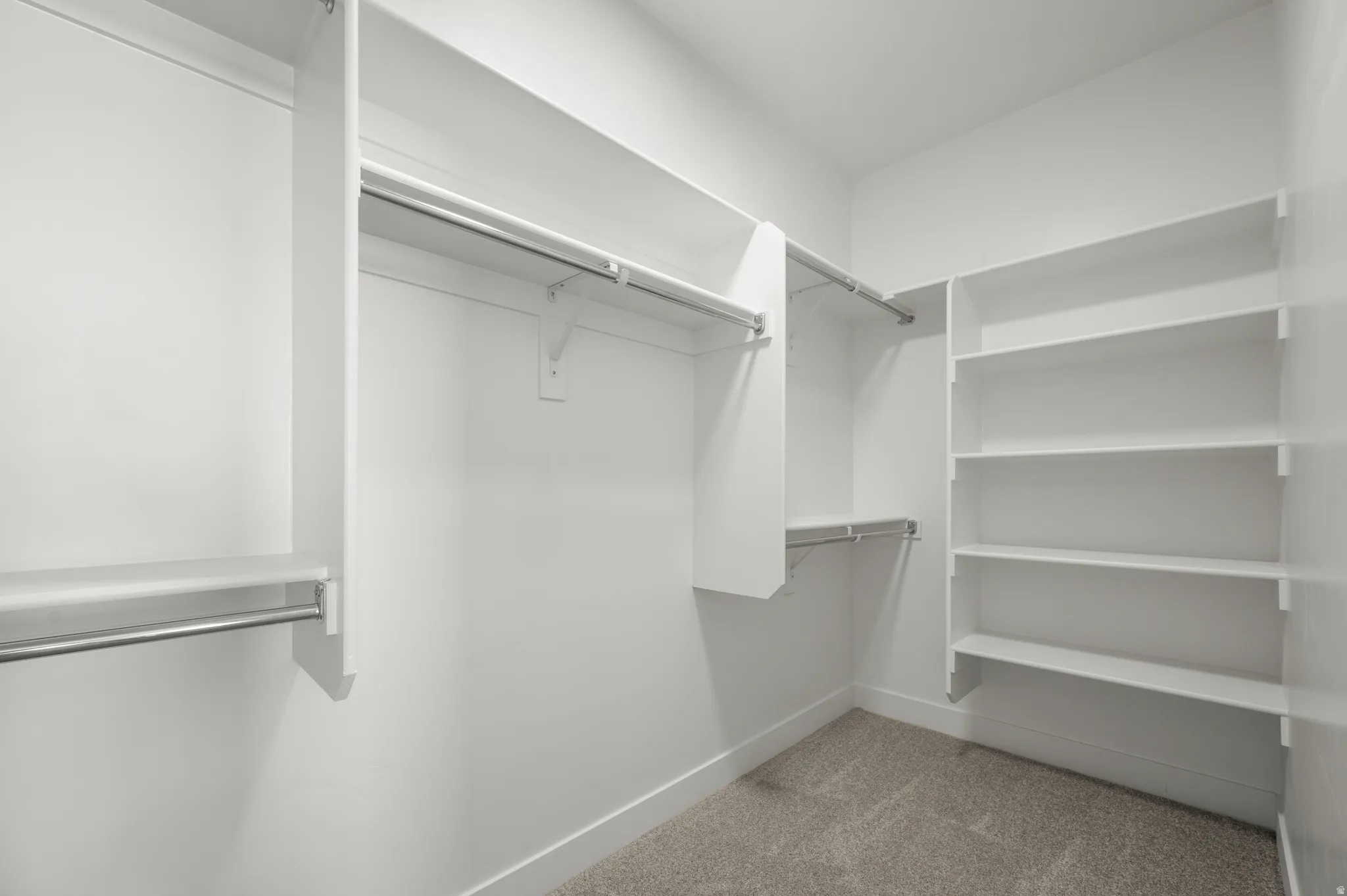 Walk-in closet featuring built-in shelving, multiple hanging rods, and neutral-toned carpet flooring