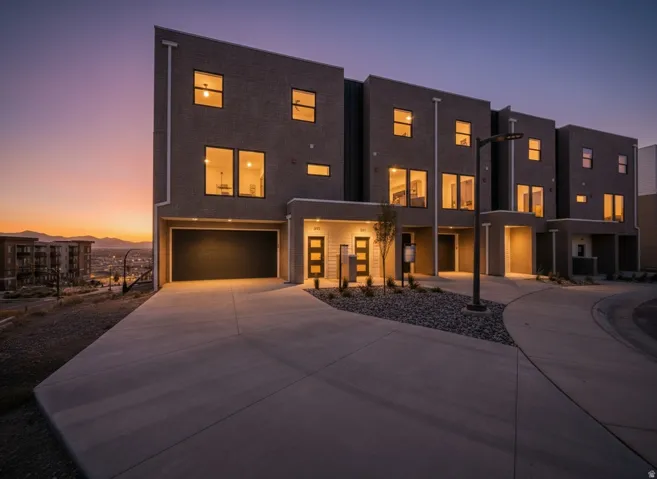 Modern townhome exterior featuring multi-story design, a dark gray facade, and abundant window placements