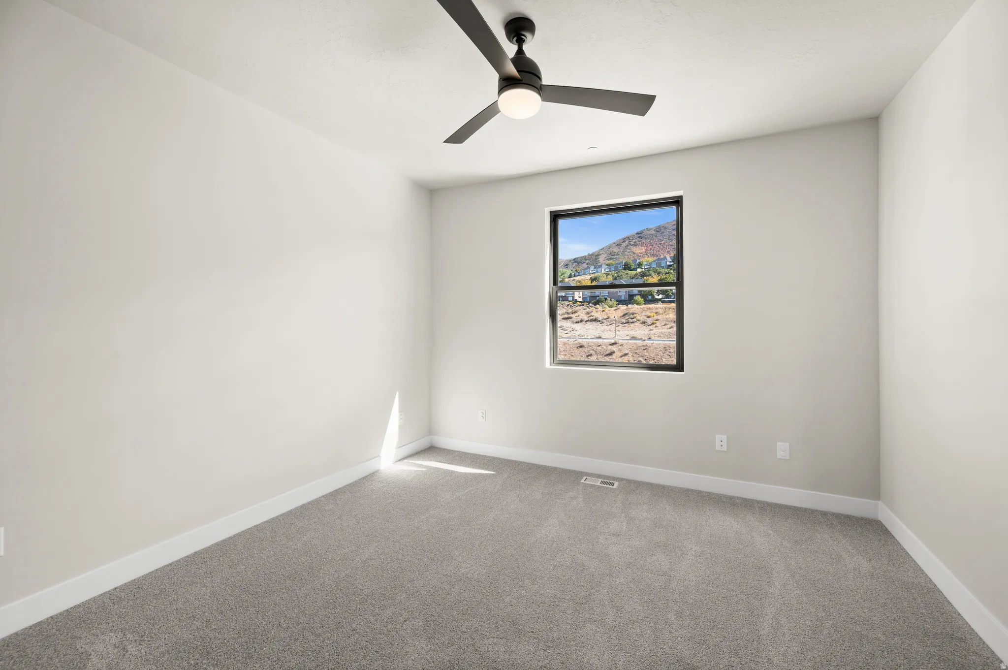 Room featuring neutral-toned walls, grey carpeting, and a window with a black frame