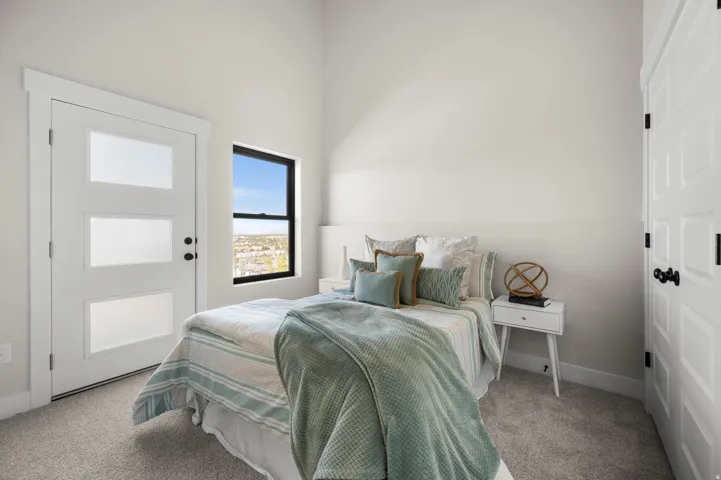 Light-filled interior featuring a contemporary accent wall, dark-framed window, modern three-panel door with frosted glass inserts, plush carpet flooring, and white trim