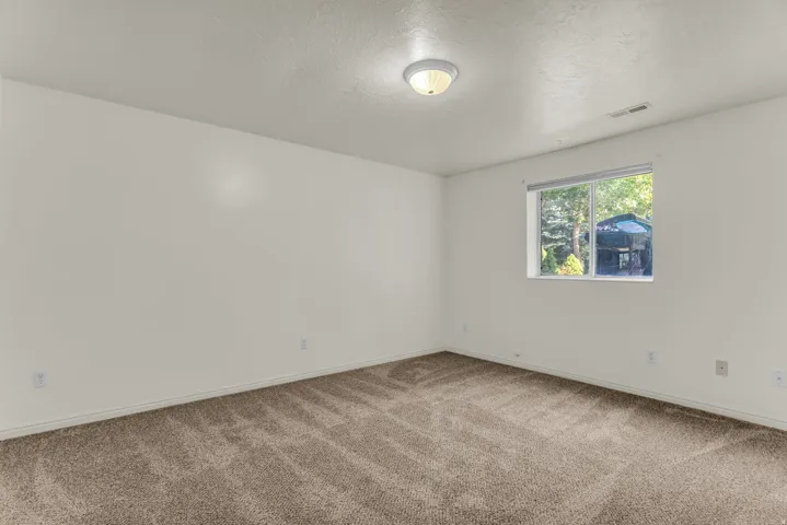 Spacious room featuring neutral carpeting, white painted walls, a flush-mount ceiling light fixture, and a window providing exterior scenery