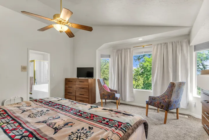 Bedroom featuring a vaulted ceiling with a ceiling fan, broad windows, and carpet flooring