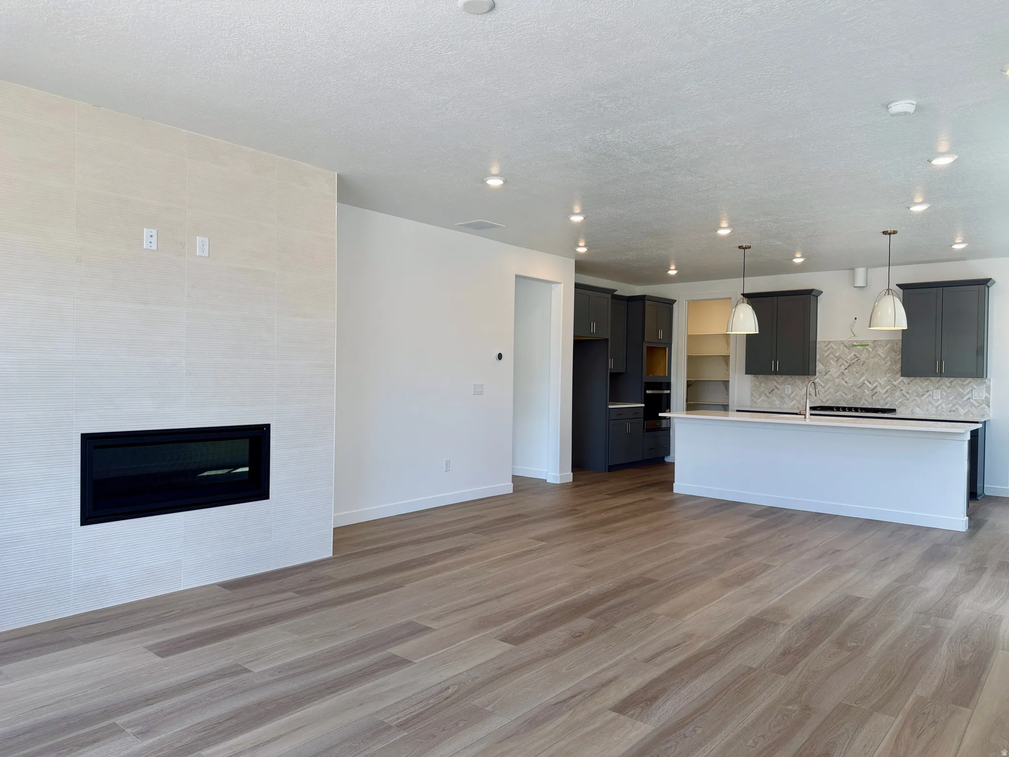 Open-concept living space featuring wood-finish flooring