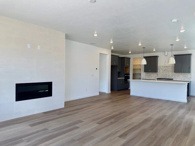 Open-concept living space featuring wood-finish flooring