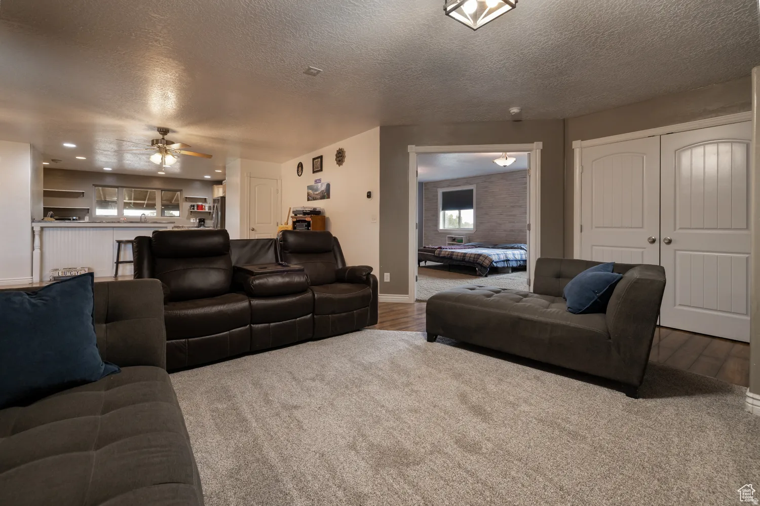 Carpeted living area with light-toned walls and ceiling