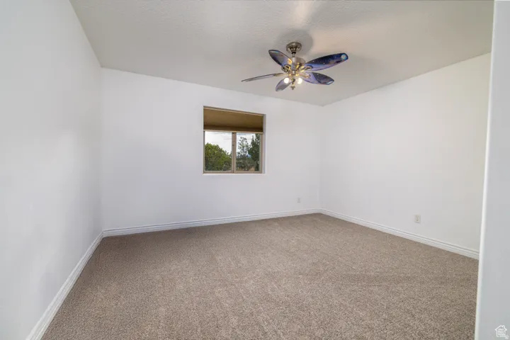 Neutral-toned carpeting extends throughout this interior space, complemented by crisp white walls and white baseboards