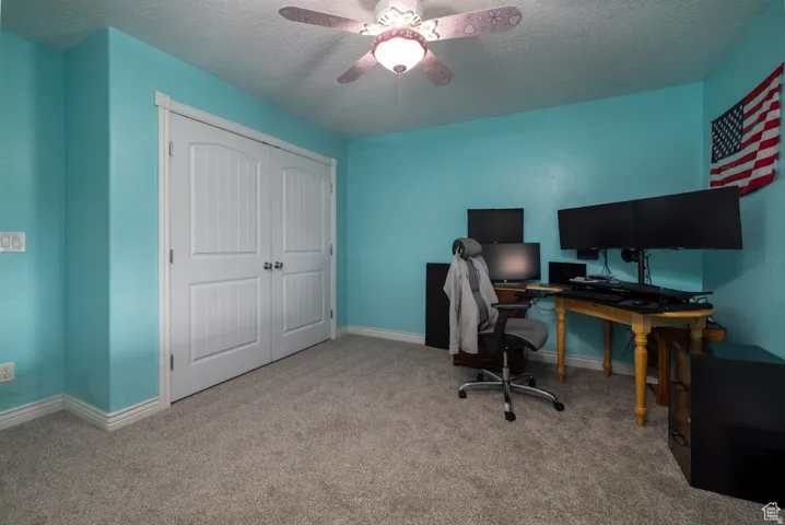 Room featuring light blue walls and gray carpet flooring