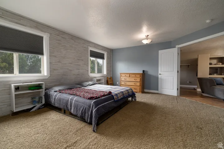 Carpeted bedroom featuring two windows with blinds, a white paneled accent wall, a light blue painted wall, and a ceiling-mounted light fixture