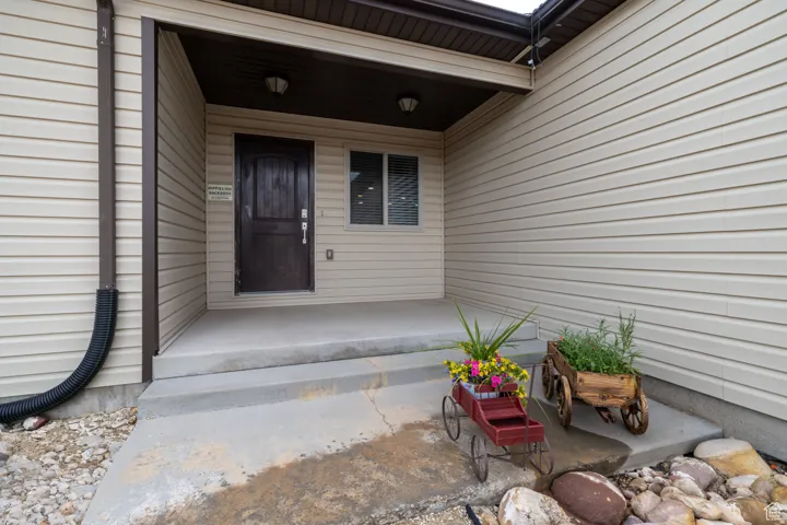Covered concrete entry with a dark wood-finish door, light beige siding, and a single window with blinds