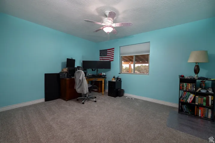 Carpeted room featuring a ceiling fan with integrated lighting, a window with a roller shade, and light blue wall paint