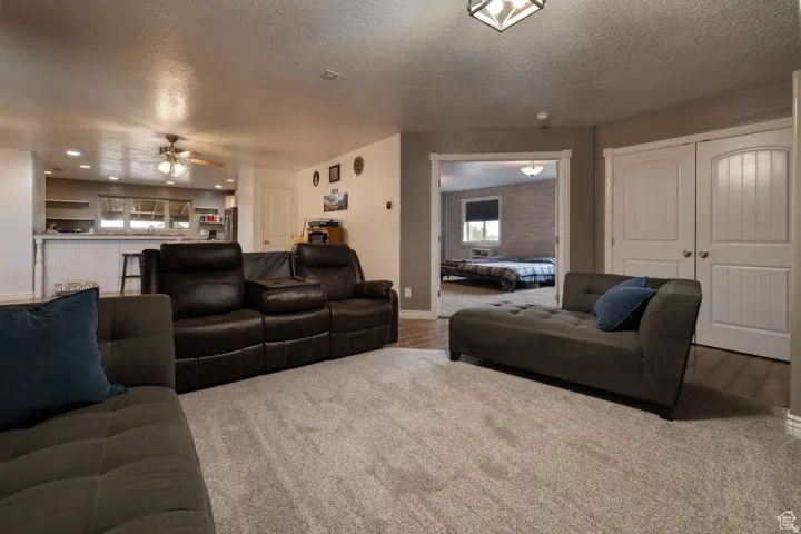 Carpeted living area with light-toned walls and ceiling