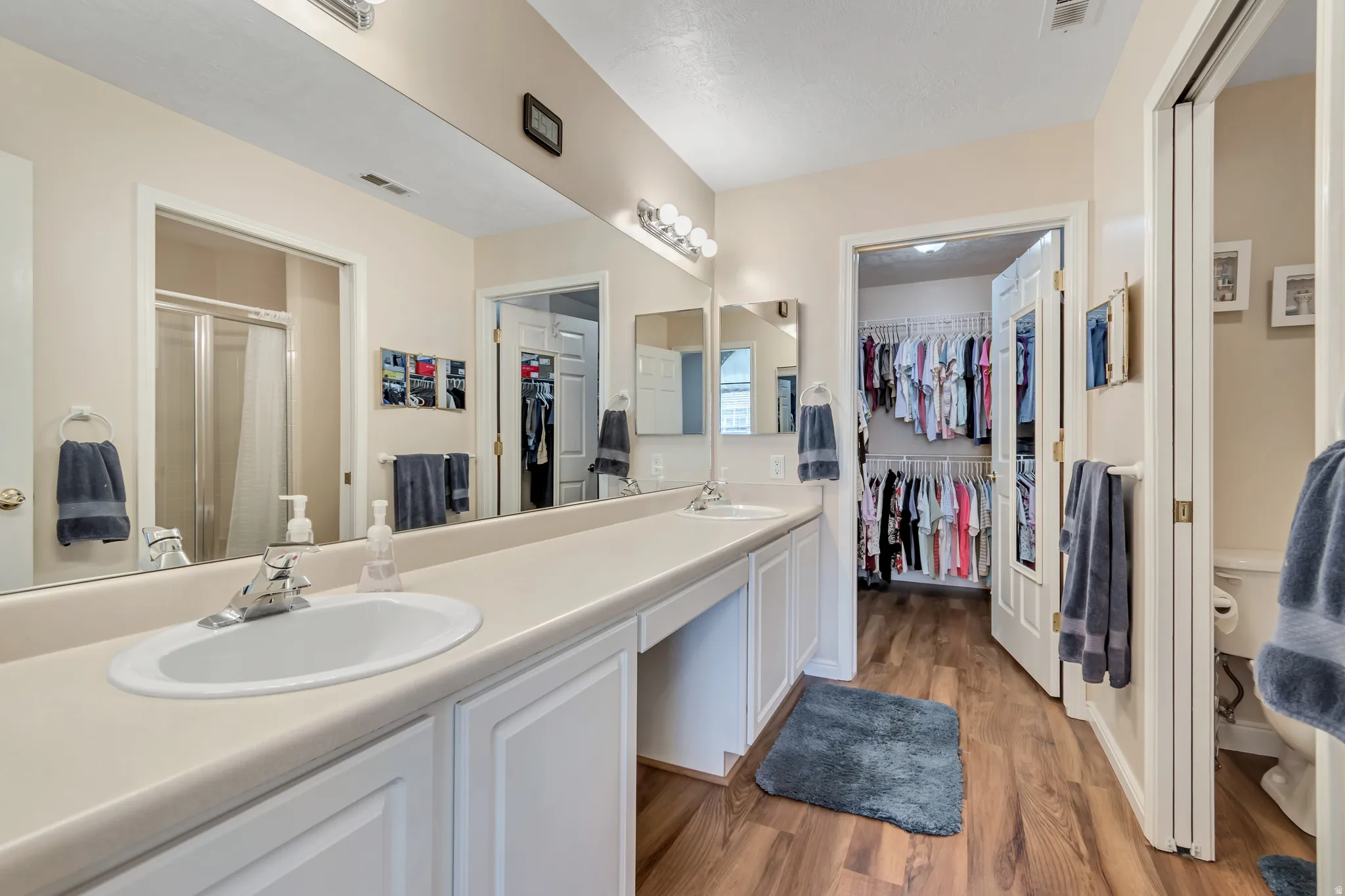 Bathroom featuring a double vanity, wood-finish flooring, and a walk-in closet with built-in shelving