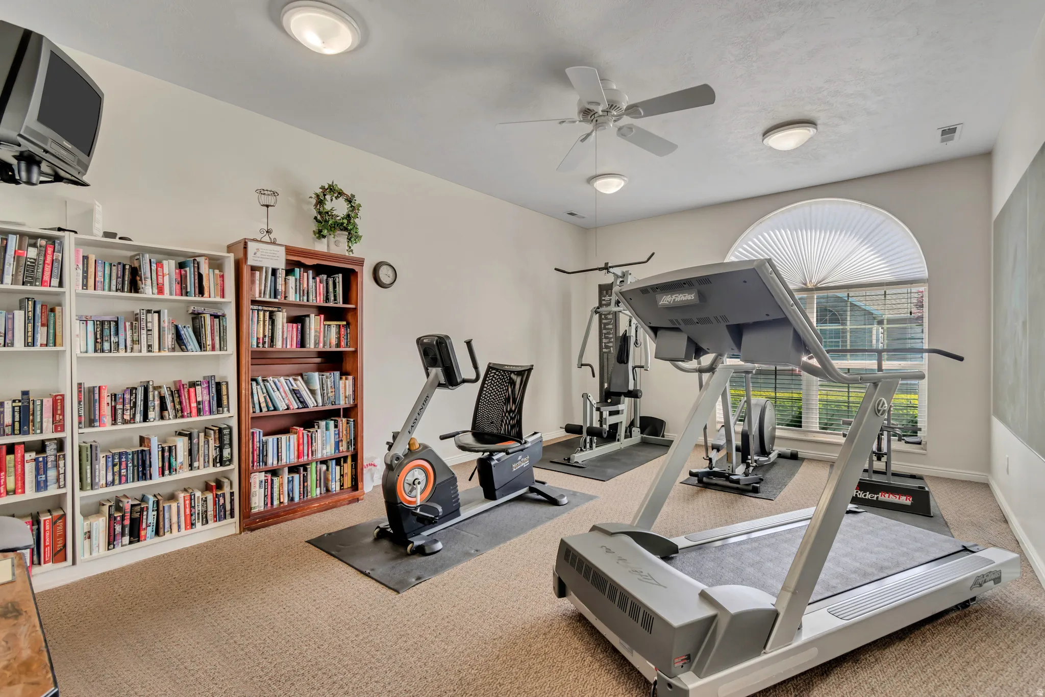 Dedicated room featuring carpet flooring, built-in shelving, an arched window with blinds, and flush-mount lighting fixtures
