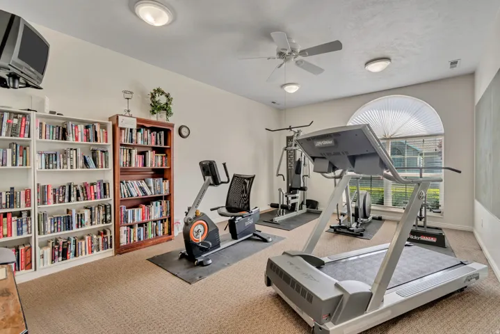 Dedicated room featuring carpet flooring, built-in shelving, an arched window with blinds, and flush-mount lighting fixtures