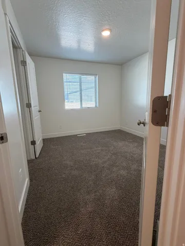 Carpeted room featuring a single window with blinds, white walls, and a ceiling-mounted light fixture