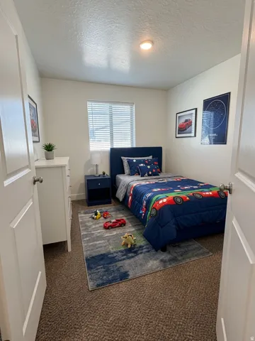 Recessed window with blinds, light-colored walls, ceiling-mounted light fixture, and textured carpeting.  Thank you to AI for the photographic possibility.