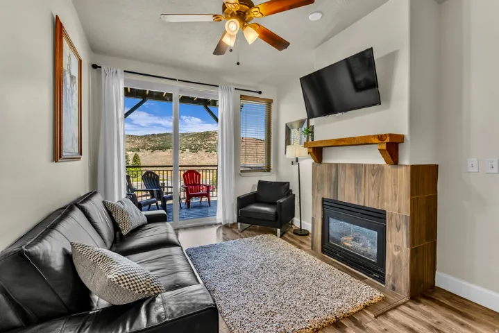 Mountain view from your living room couch. Warm up by the fire when the snow flys.