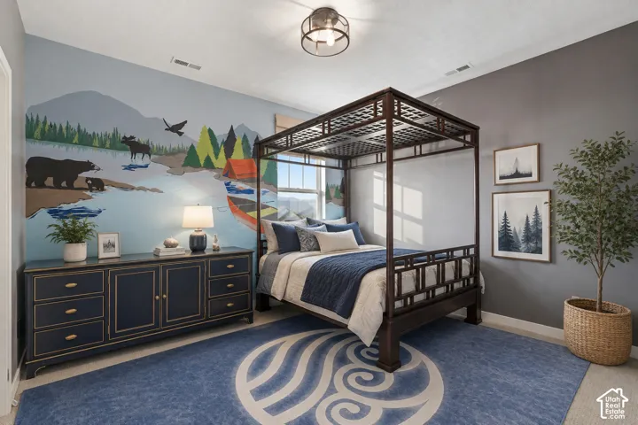 Recessed lighting, ceiling-mounted light fixture, dual-tone wall treatment, and baseboard trim