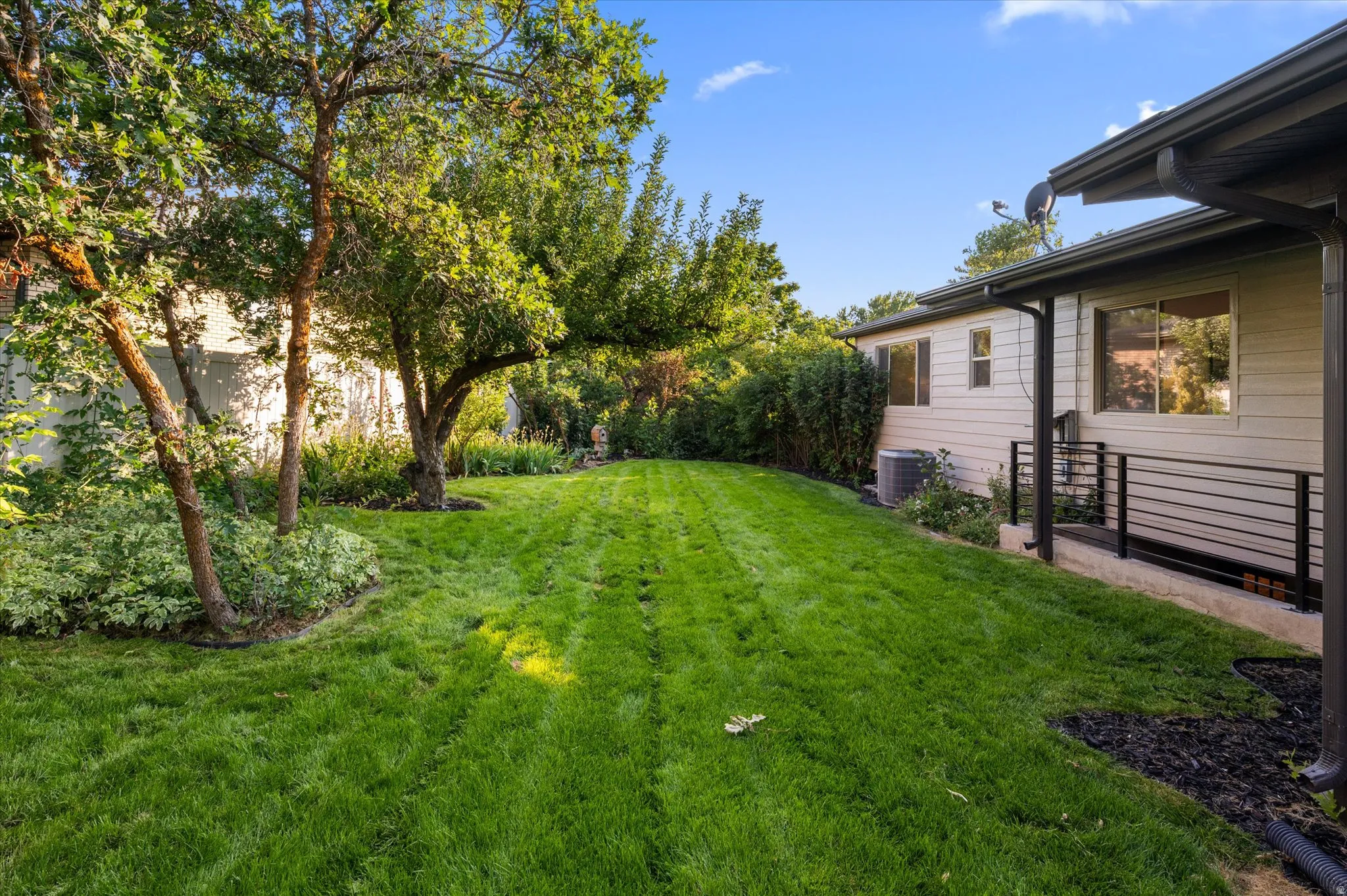 Expansive green lawn bordered by mature trees and shrubs