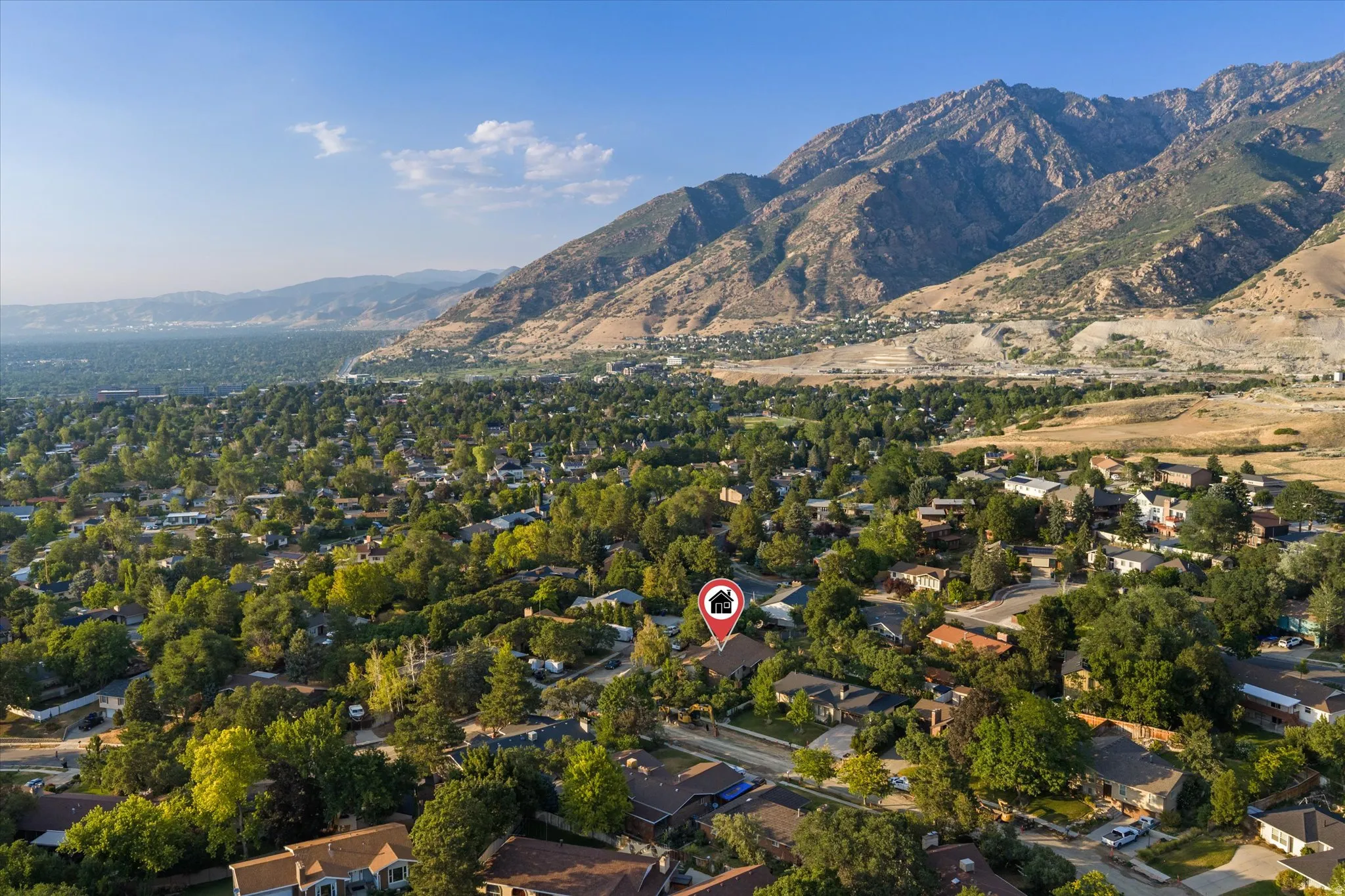 Aerial perspective showcasing a residential area with extensive tree coverage and a mountain backdrop