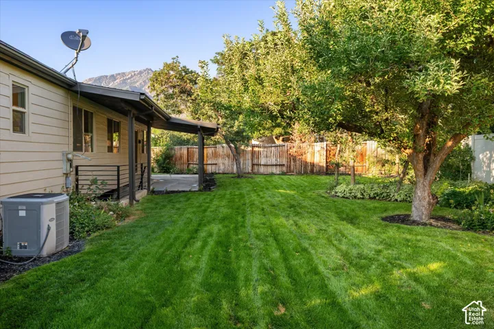 Expansive green lawn with mature trees and a covered patio, framed by a wooden privacy fence