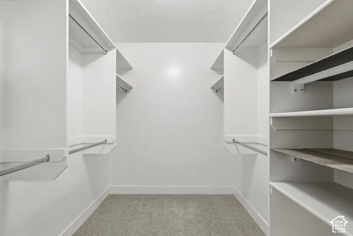 Walk-in closet featuring built-in shelving, hanging rods, light gray carpet flooring, and white baseboards