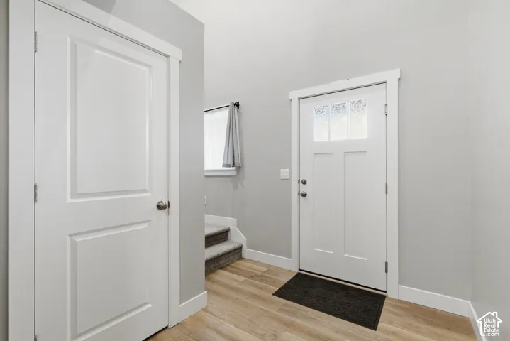 Entryway featuring a Craftsman-style front door with decorative glass panels, light wood-finish flooring, and light gray wall paint