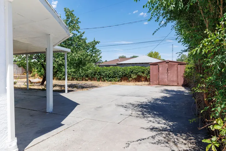 Paved driveway with an attached carport, featuring a metal storage shed and mature perimeter foliage