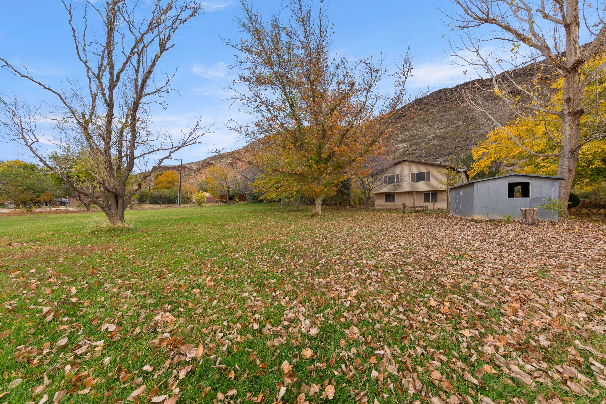 Expansive grassy lot with mature trees, a two-story residence, and a separate utility shed