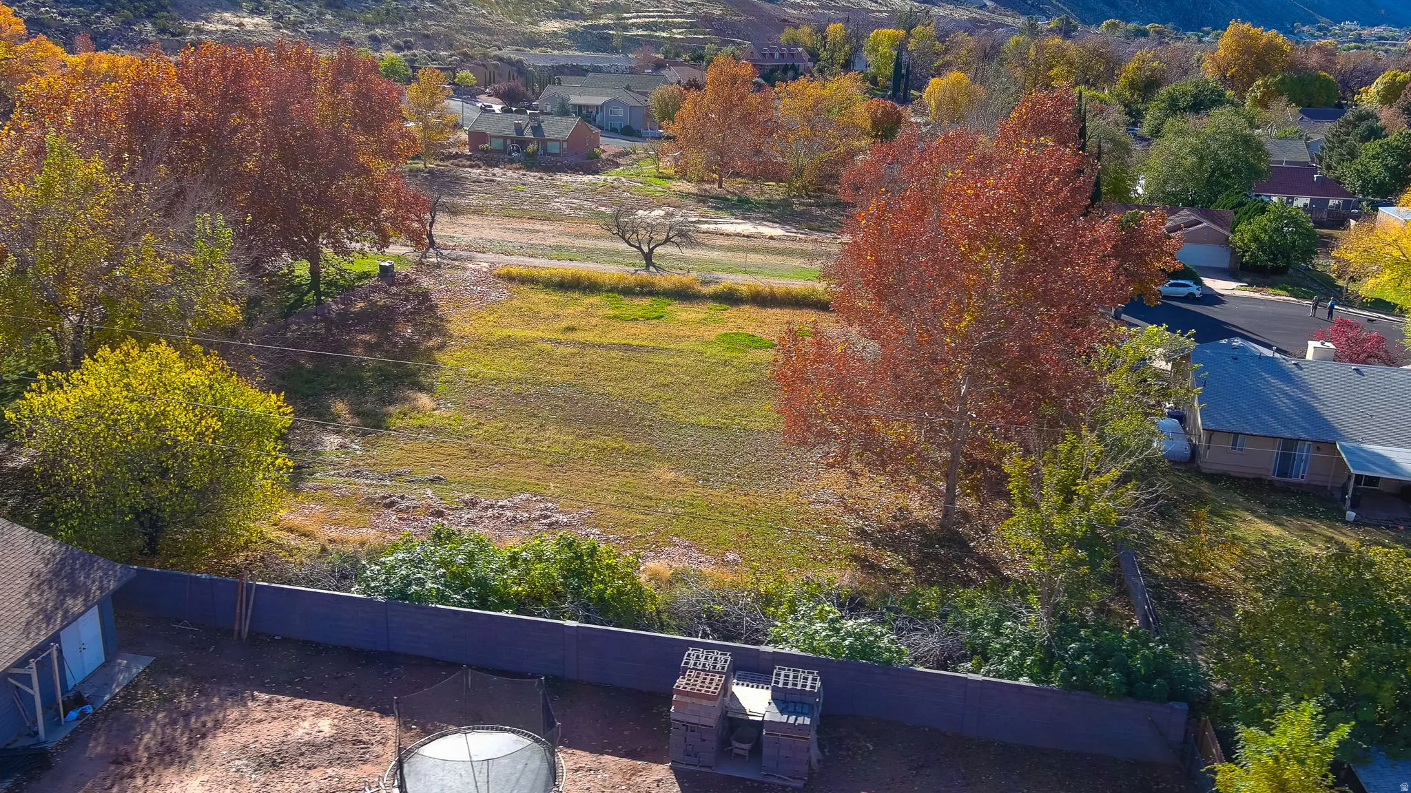 Expansive undeveloped land featuring mature trees with seasonal foliage and a distant mountain backdrop