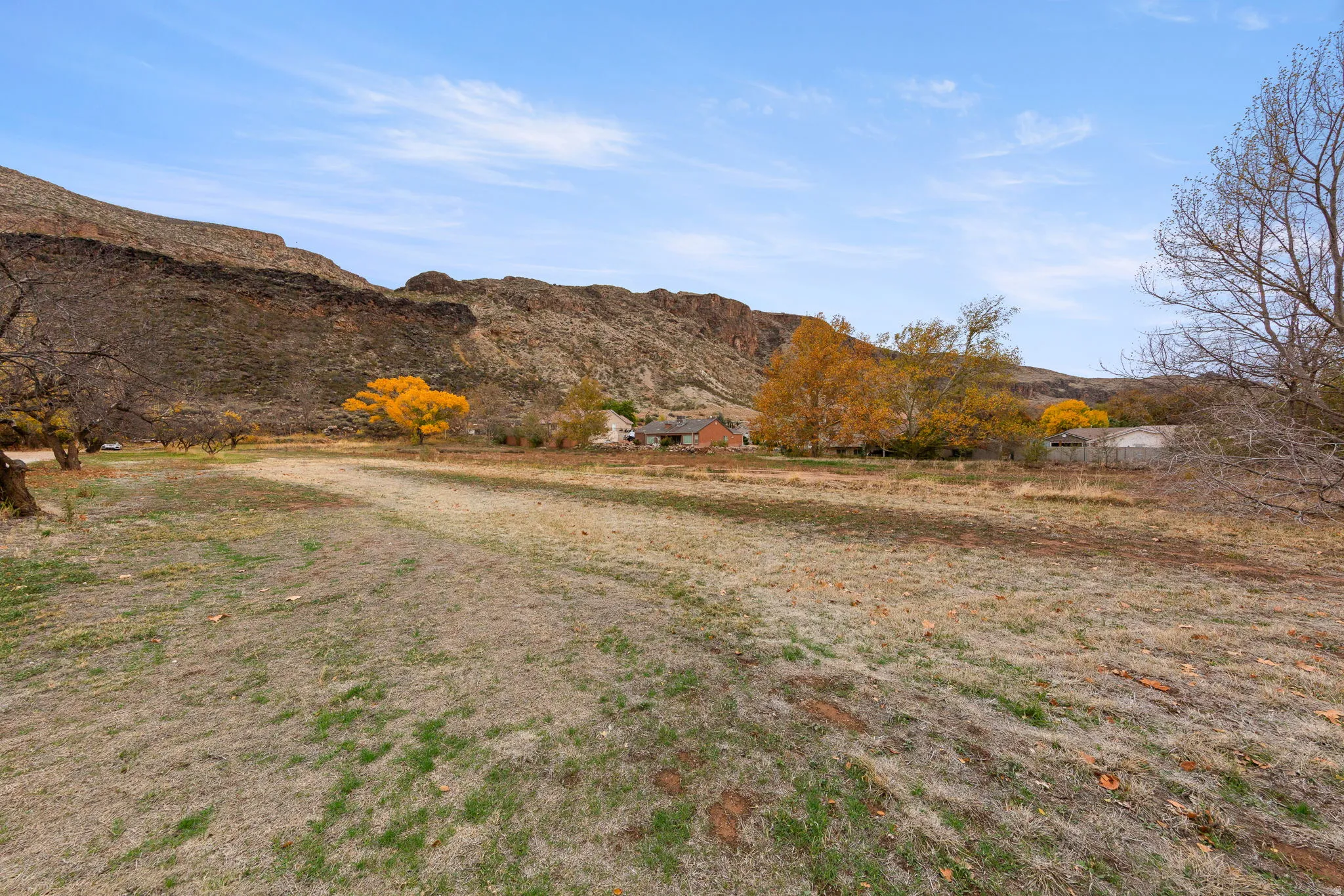 Expansive natural landscape featuring a prominent mountain backdrop, mature trees with golden foliage, and a residence partially visible in the distance