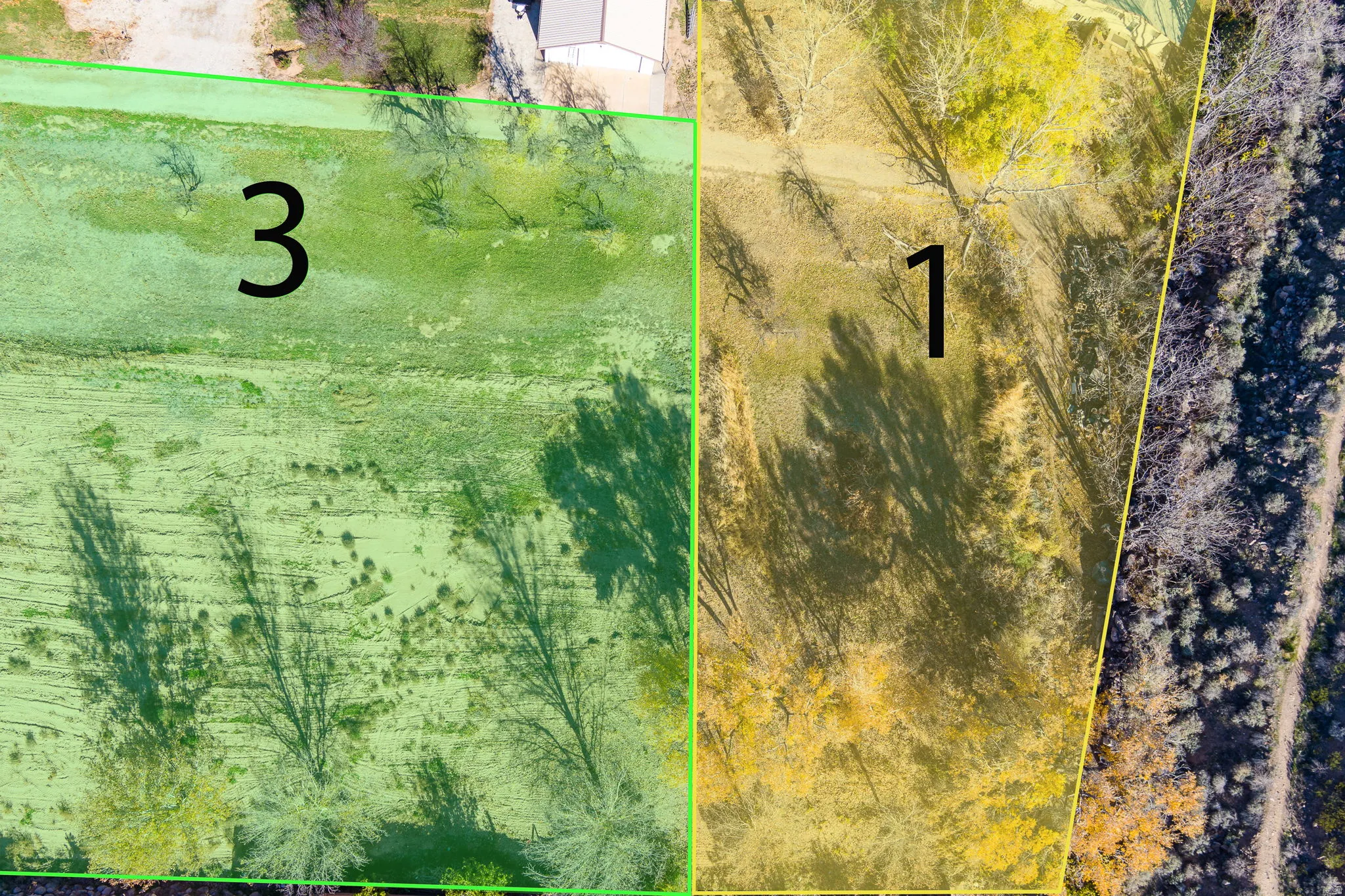 Aerial Parcel Map. Illustrating two distinct parcels of the property labeled 1 and 3