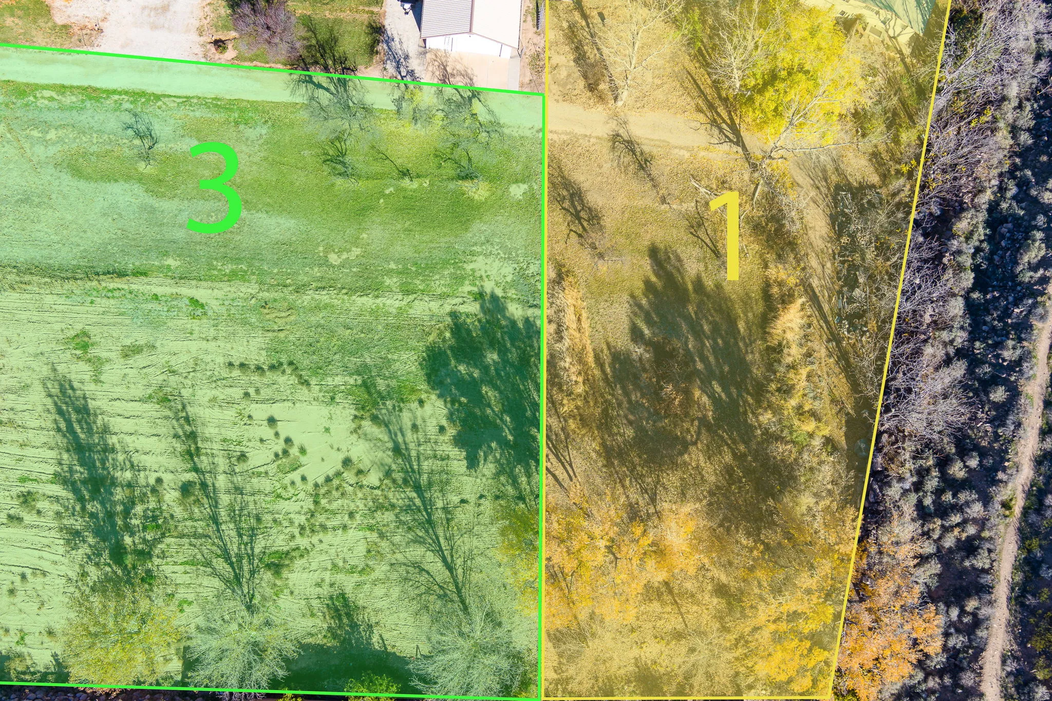 Expansive aerial view showcasing two distinct parcels of land, bordered by mature trees and natural vegetation
