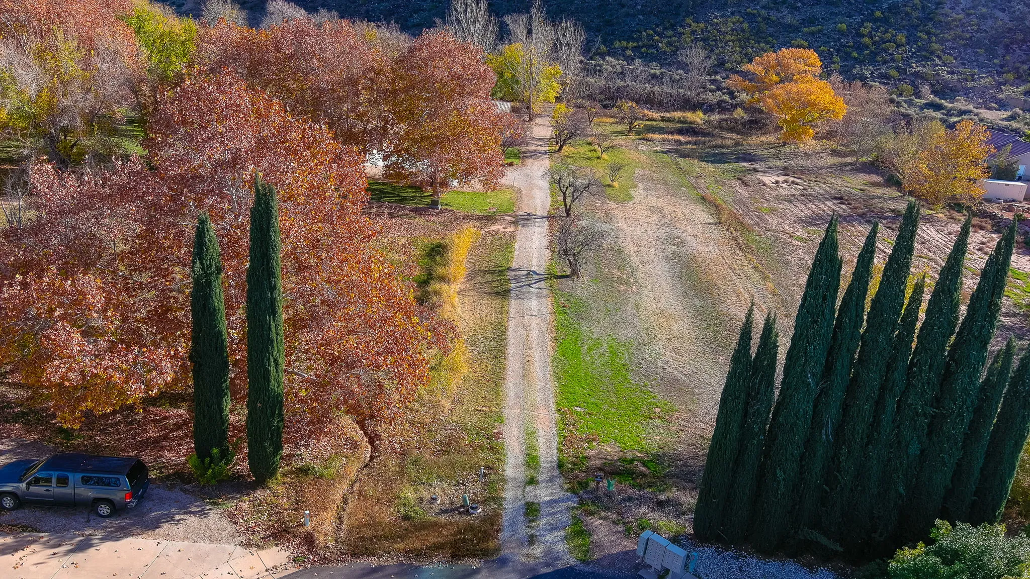 Extensive land parcel featuring a long, unpaved driveway, mature deciduous trees with autumn foliage, and verdant evergreen trees