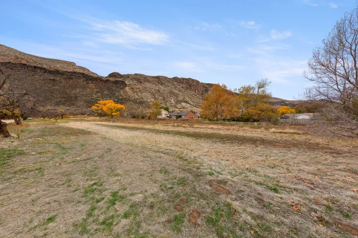 Expansive natural landscape featuring a prominent mountain backdrop, mature trees with golden foliage, and a residence partially visible in the distance