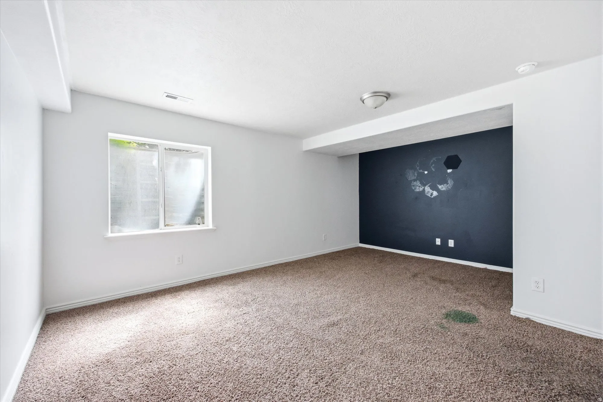 Carpeted interior space featuring light gray walls and a contrasting dark accent wall