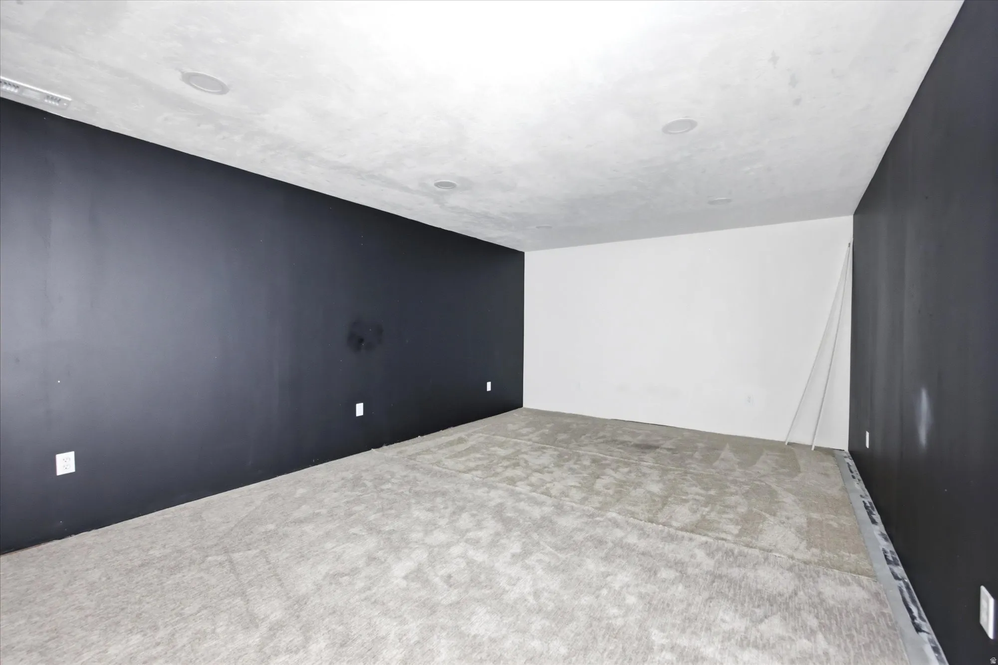 Spacious room featuring dark accent walls, light-colored carpeting, a white ceiling with recessed lighting, and multiple electrical outlets