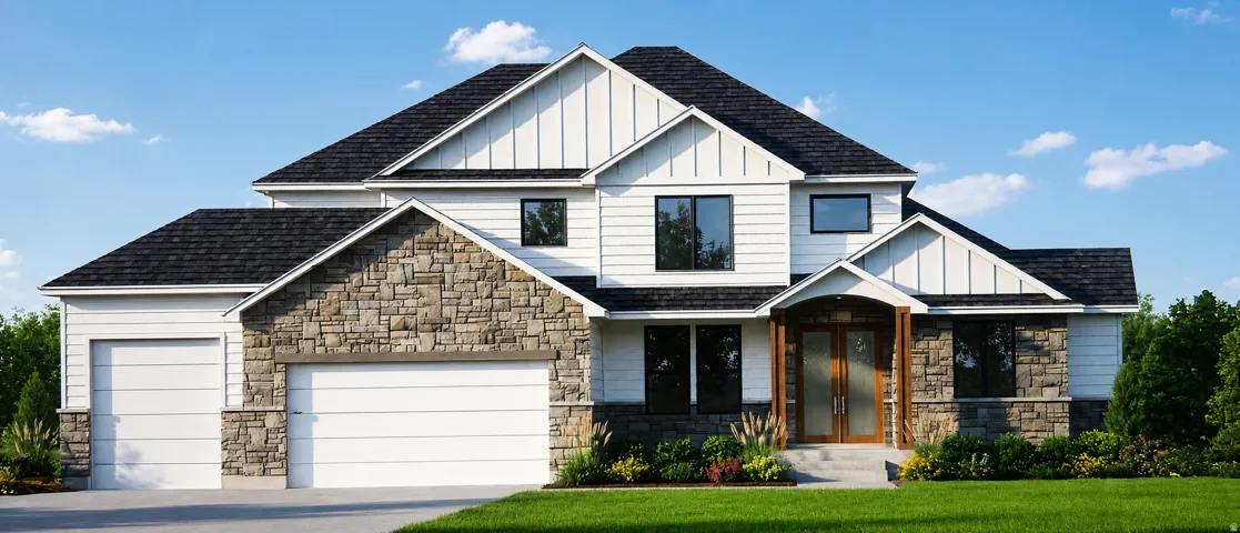 Contemporary architectural design featuring a stone and white siding exterior