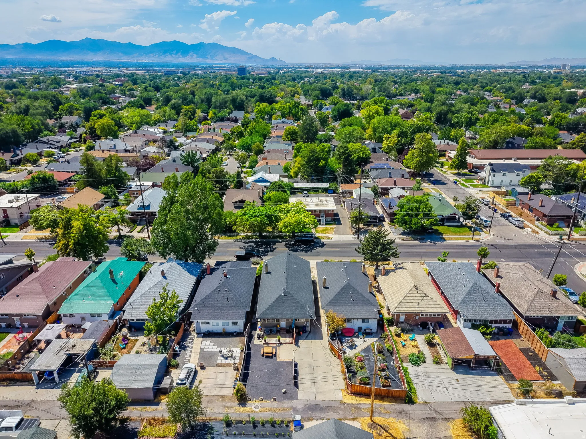 Aerial perspective showcasing a residential neighborhood with varied roofing styles and mature trees