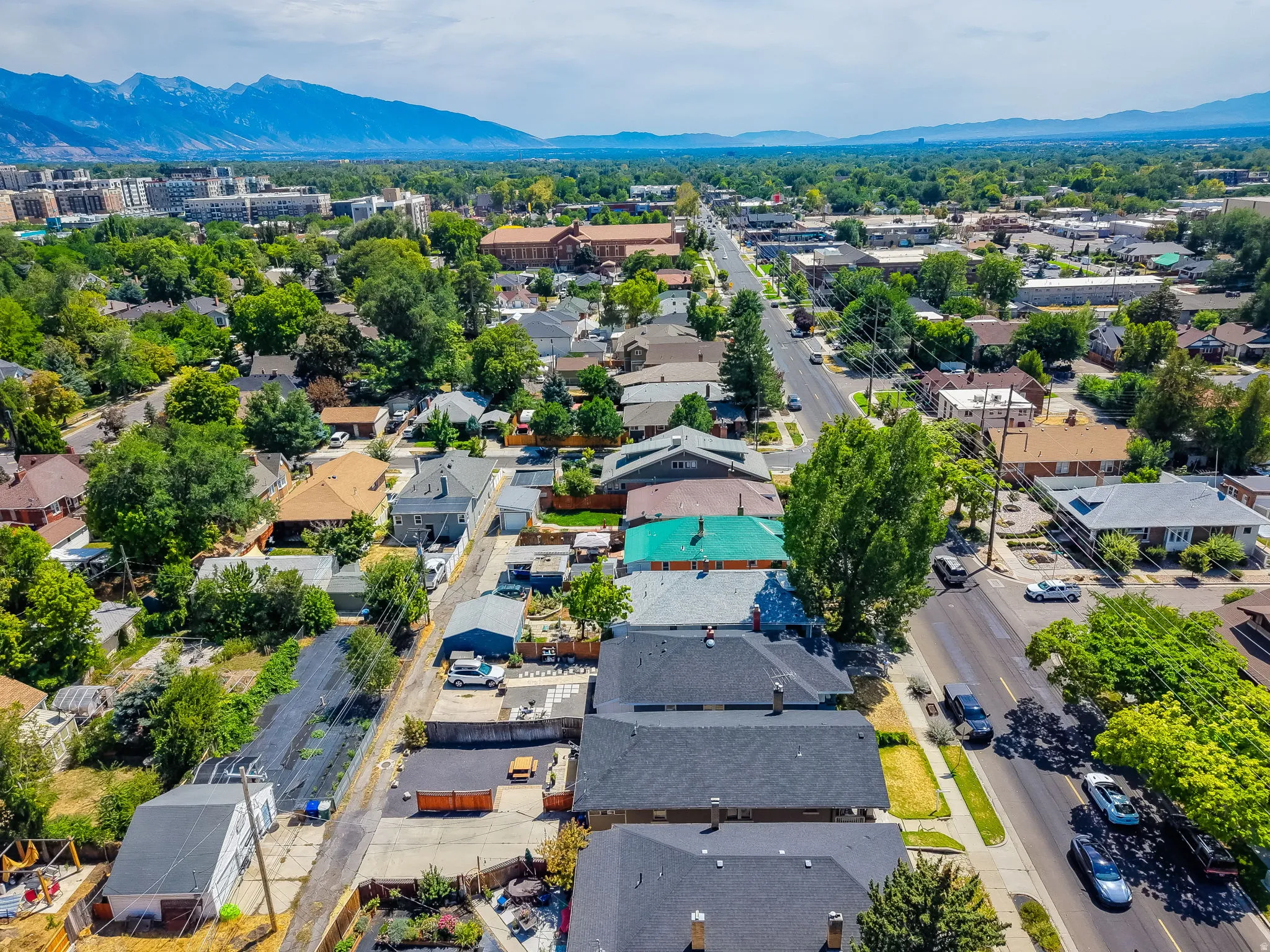 Aerial perspective showcasing a residential area with mature trees and a distant mountain range