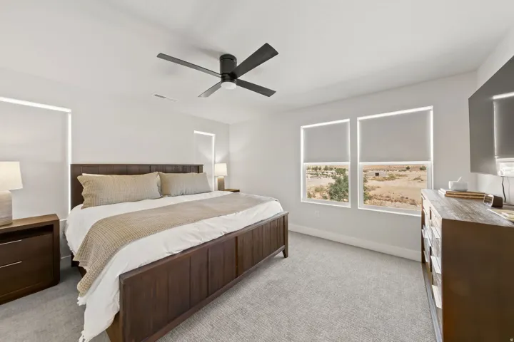 Spacious interior featuring light gray carpeting, two large windows with roller shades, and a ceiling fan