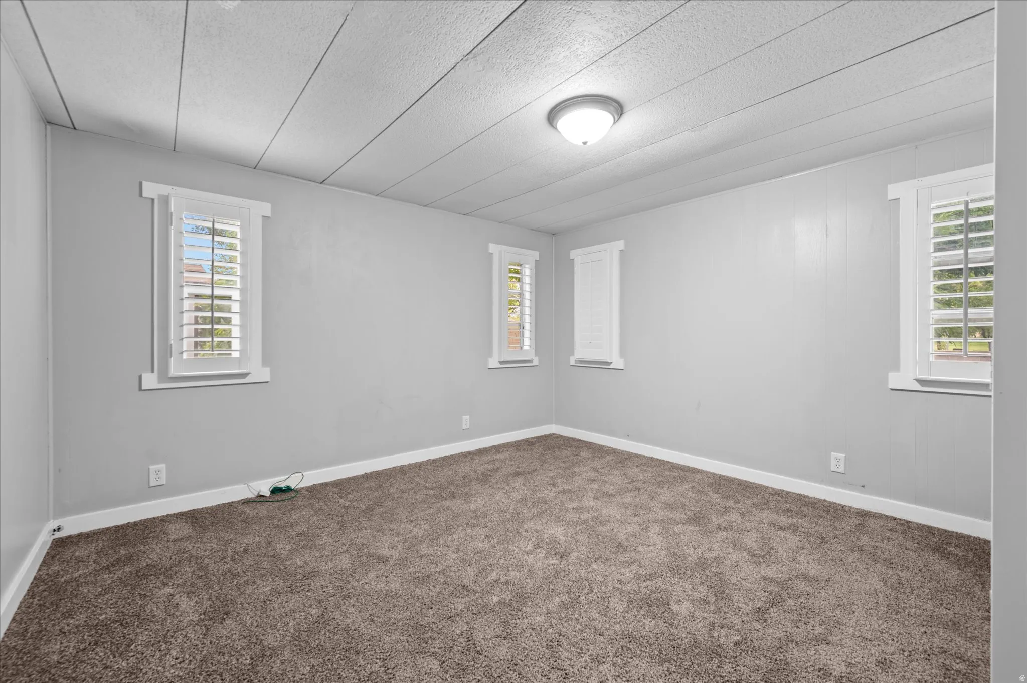 Spacious room featuring neutral grey walls and plush, textured carpeting