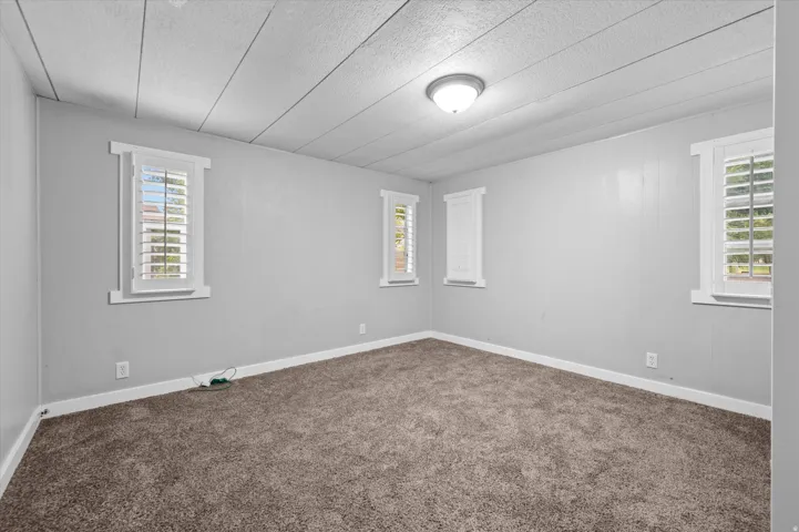 Spacious room featuring neutral grey walls and plush, textured carpeting