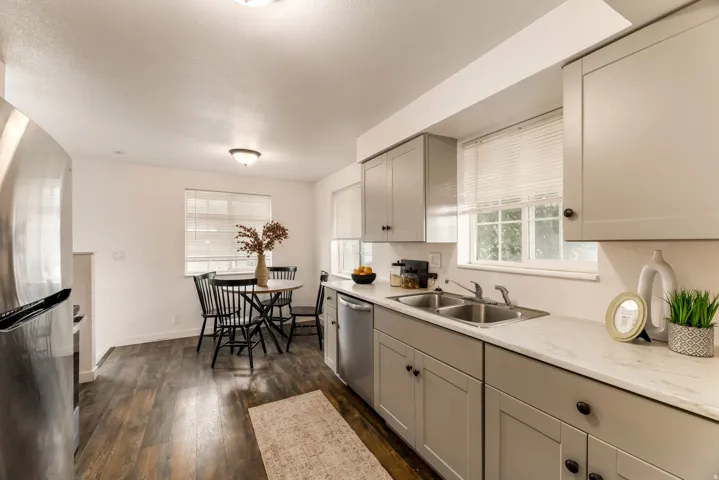 Kitchen featuring light gray cabinetry with black hardware, stainless steel appliances, and a dual basin sink