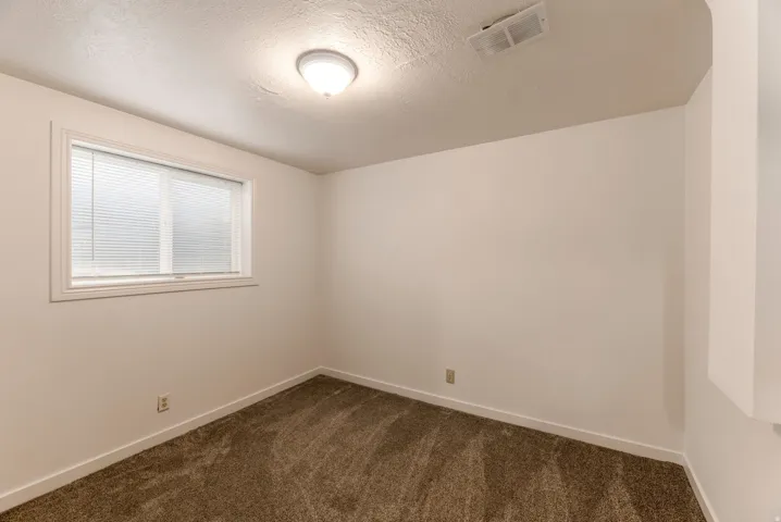 Carpeted interior space featuring a single window with blinds, a ceiling-mounted light fixture, and white wall finishes