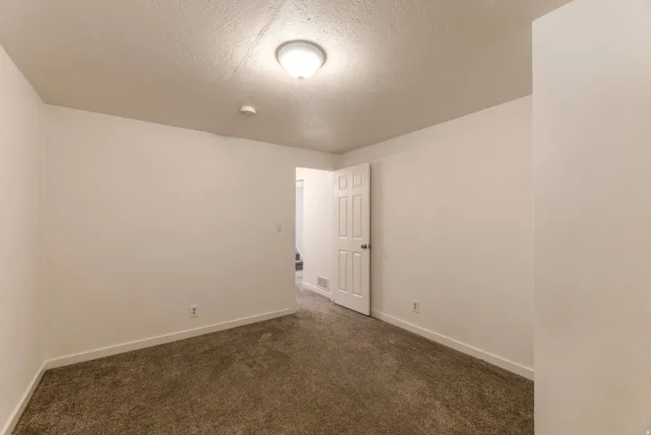 Carpeted room featuring neutral-toned walls, white trim, a flush-mount ceiling light, and a two-panel interior door