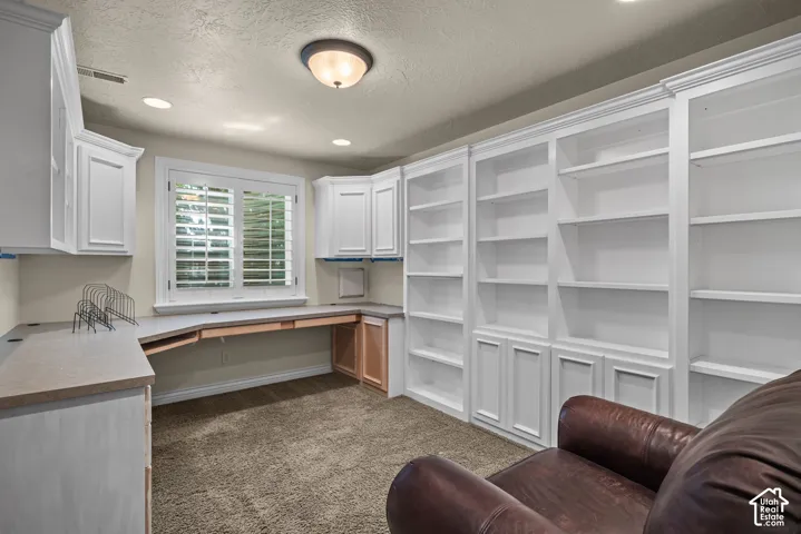Basement office with built in desk and shelving (Could be 6th bedroom)