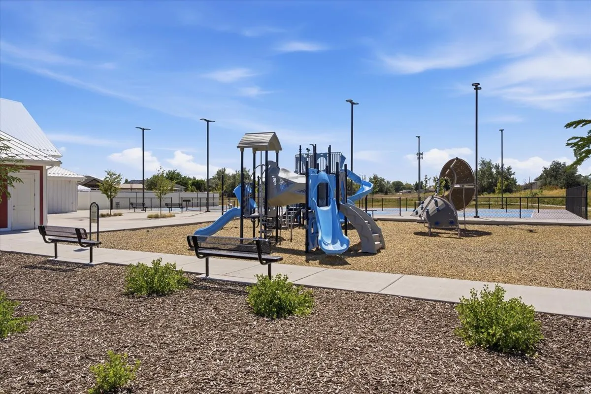 Community playground featuring a multi-level play structure with slides, a climbing dome, and a separate court area